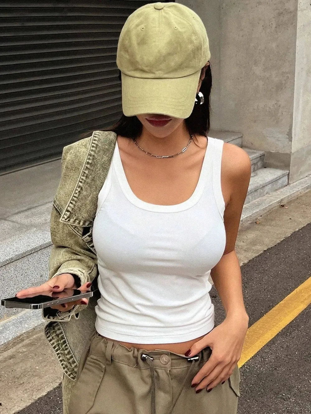 Cool Summer Knitted Tank Top Solid Color Breathable Vest Wide Straps Square Collar Fitness Camisole for Women