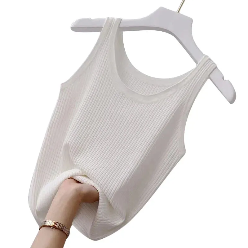 Cool Summer Knitted Tank Top Solid Color Breathable Vest Wide Straps Square Collar Fitness Camisole for Women