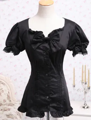 Cotton Black Lolita Blouse Short Sleeves Bow Ruffles