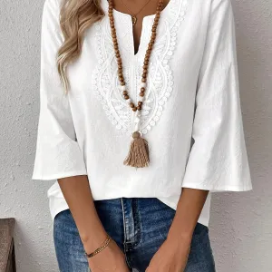 Cotton Blend Shirt - V-Neck & Lace Zoom for Comfort