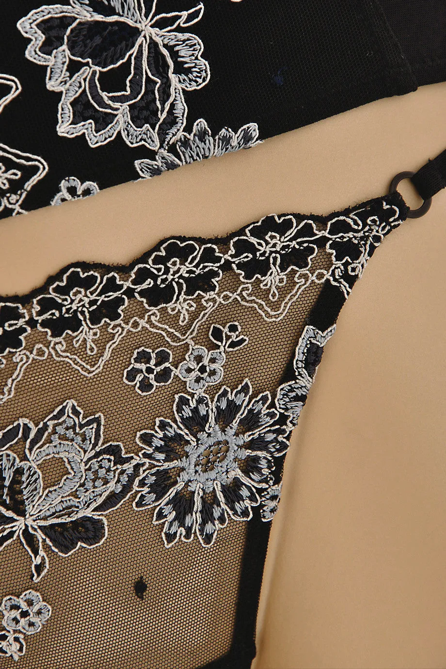COTTON CLUB FLORAL Embroidered Black Thong
