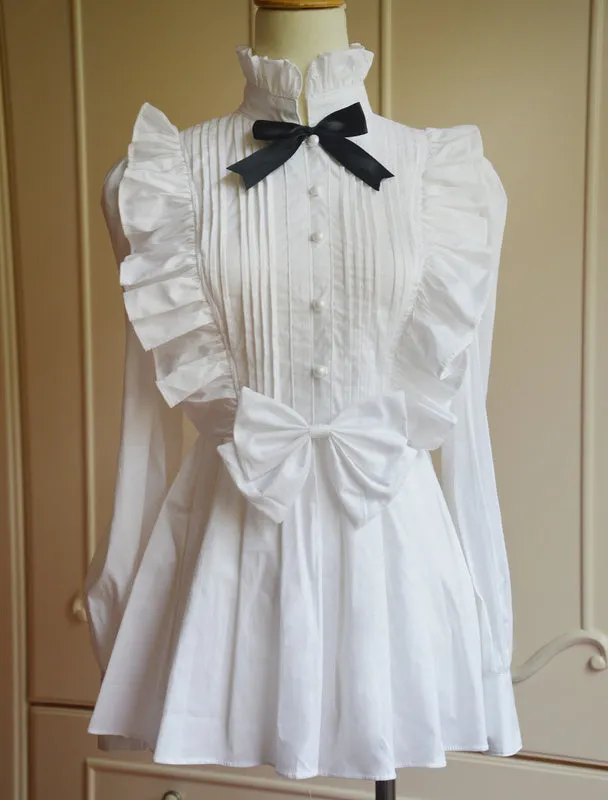 Cotton Lolita Blouse Long Sleeves Stand Collar Ruffles Bow