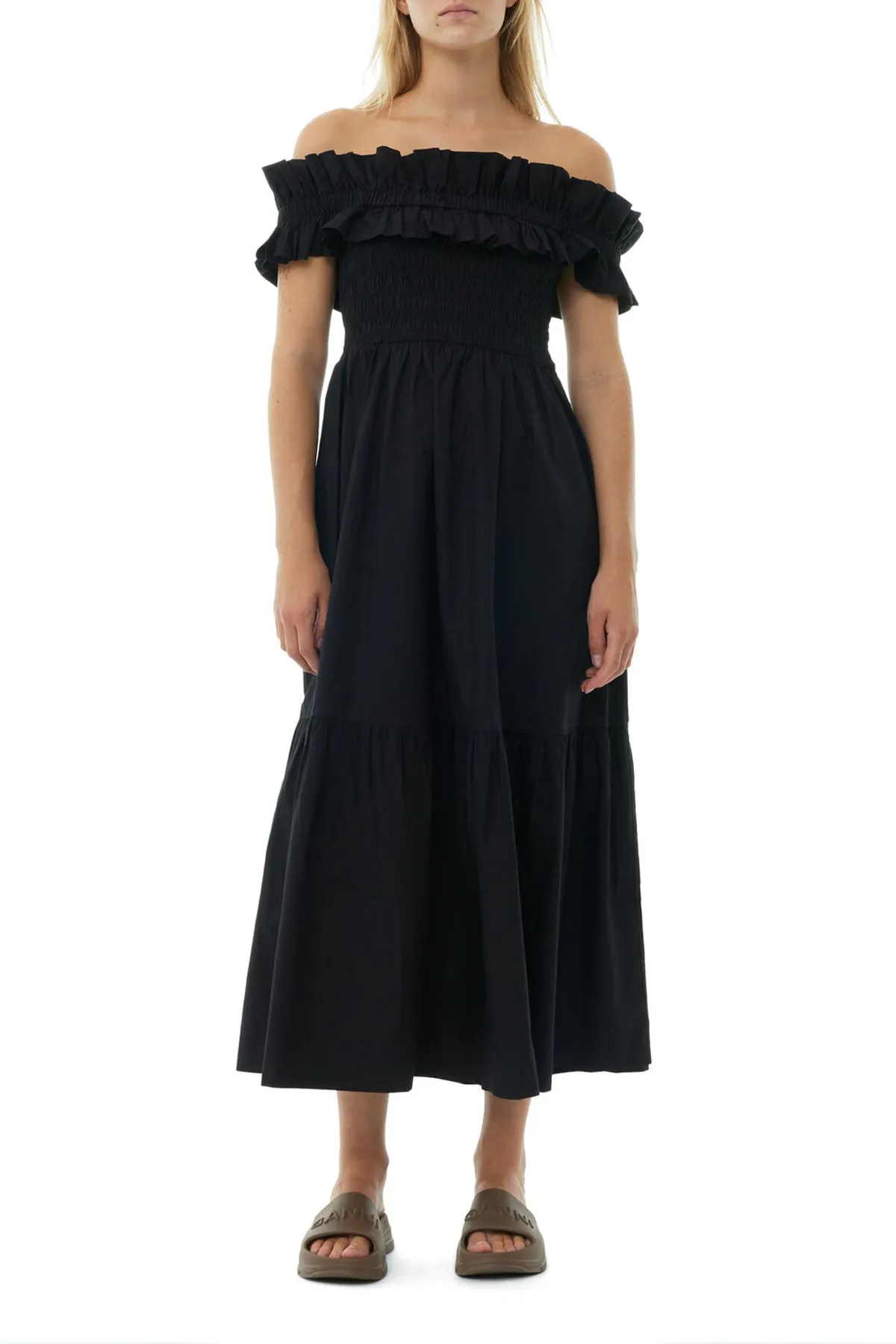 Cotton Poplin Long Smock Dress in Black