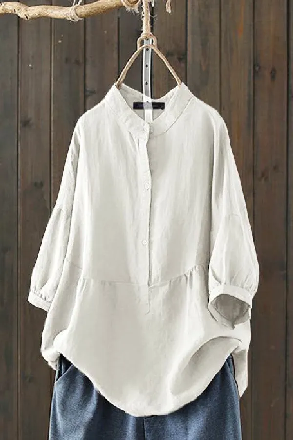 Cotton Solid Color Round Neck Blouse