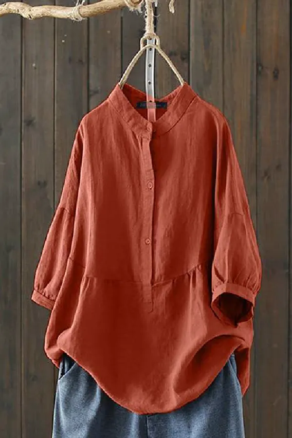 Cotton Solid Color Round Neck Blouse