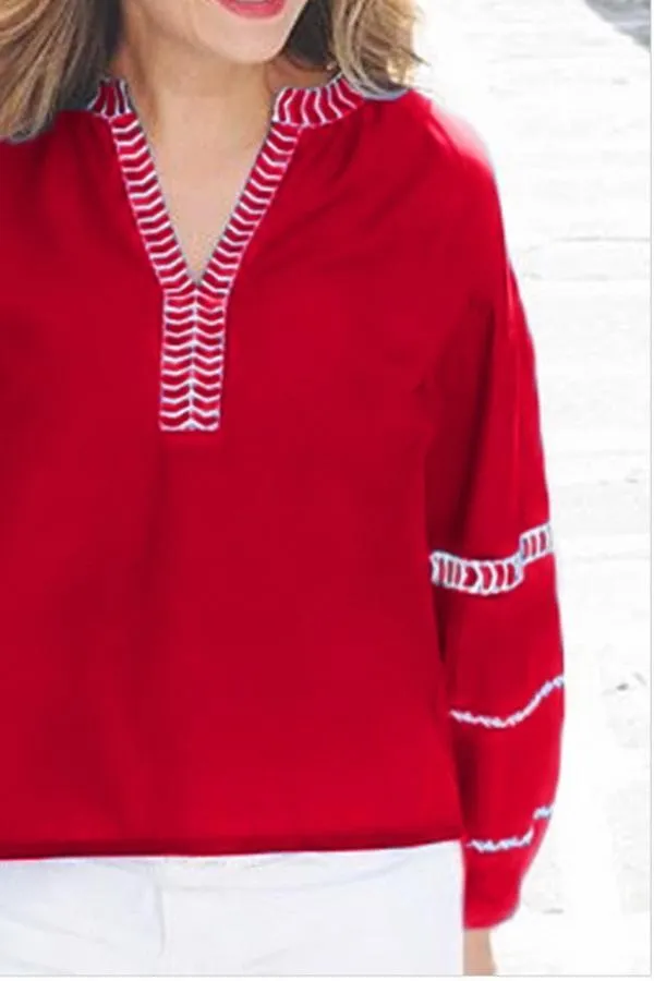 Creamtopmall Loose Pullover Embroidered V-neck Shirt