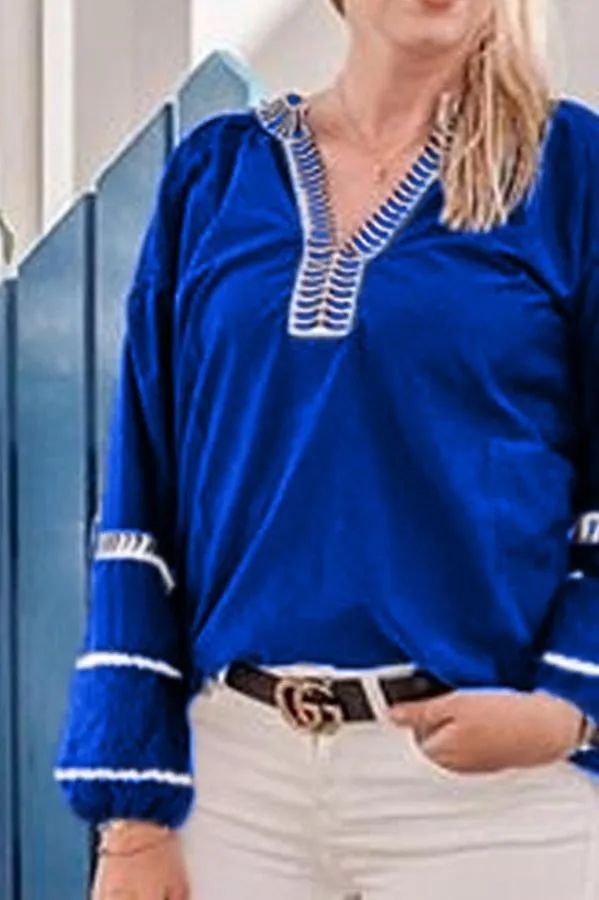 Creamtopmall Loose Pullover Embroidered V-neck Shirt