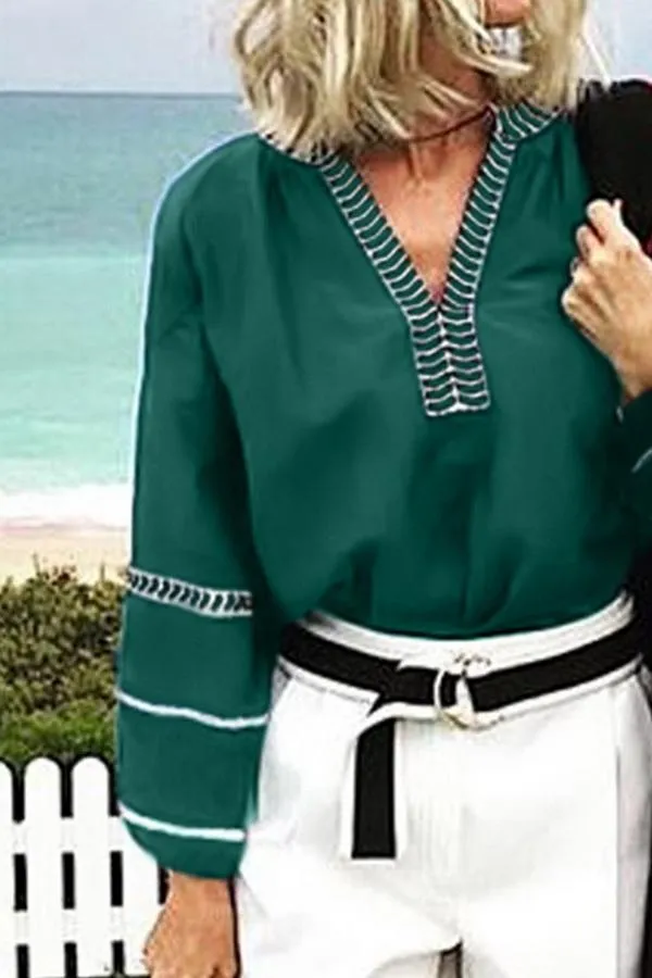 Creamtopmall Loose Pullover Embroidered V-neck Shirt
