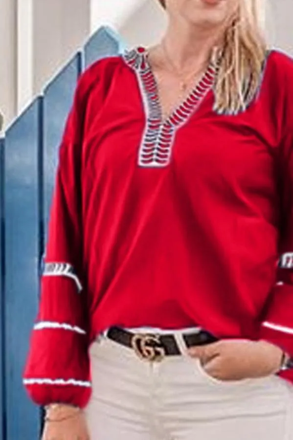 Creamtopmall Loose Pullover Embroidered V-neck Shirt
