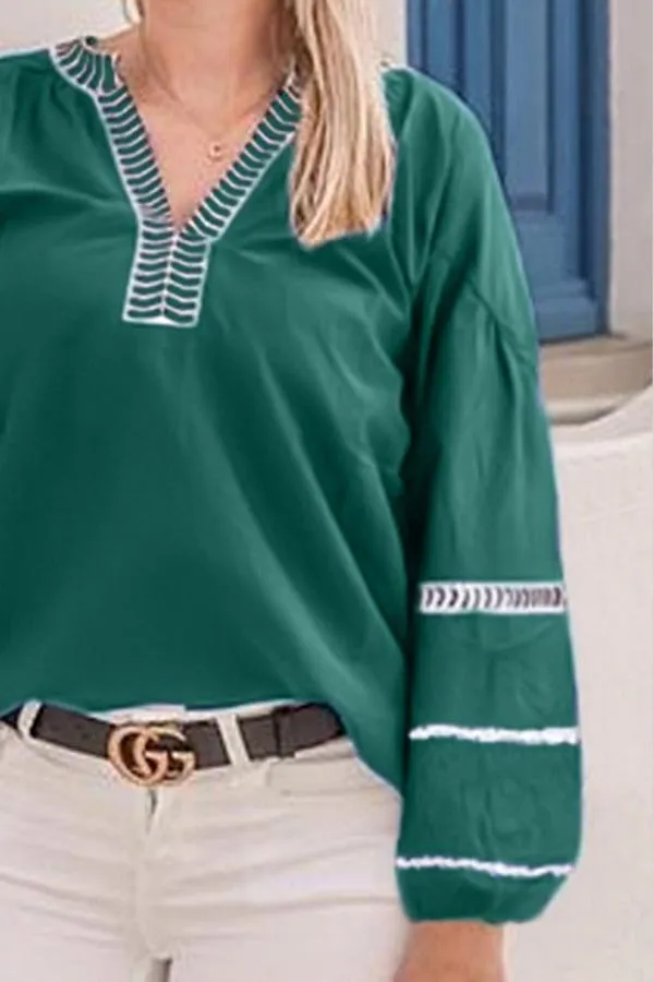 Creamtopmall Loose Pullover Embroidered V-neck Shirt