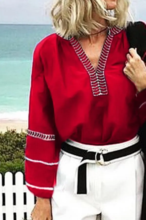Creamtopmall Loose Pullover Embroidered V-neck Shirt