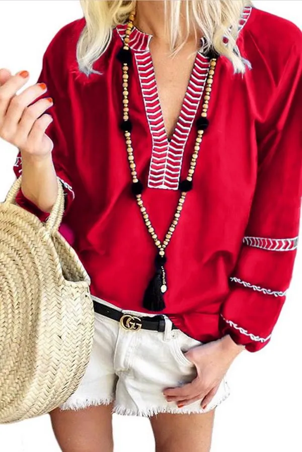 Creamtopmall Loose Pullover Embroidered V-neck Shirt
