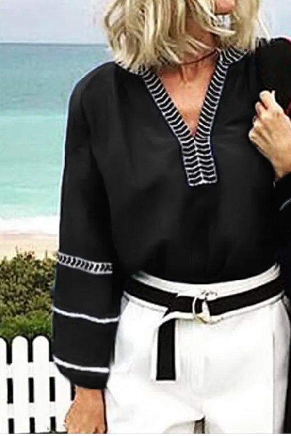 Creamtopmall Loose Pullover Embroidered V-neck Shirt