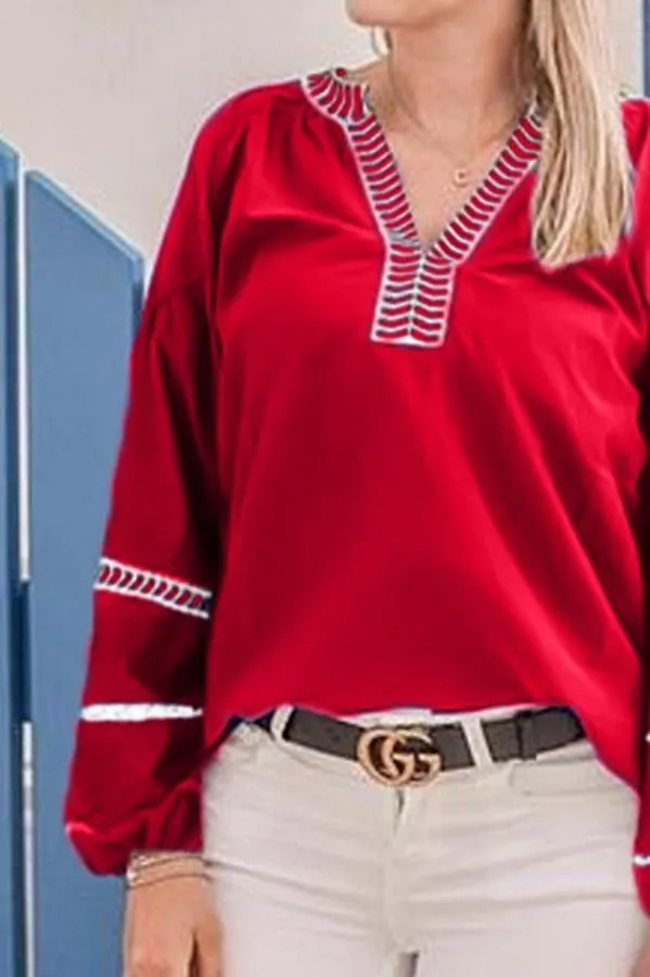 Creamtopmall Loose Pullover Embroidered V-neck Shirt