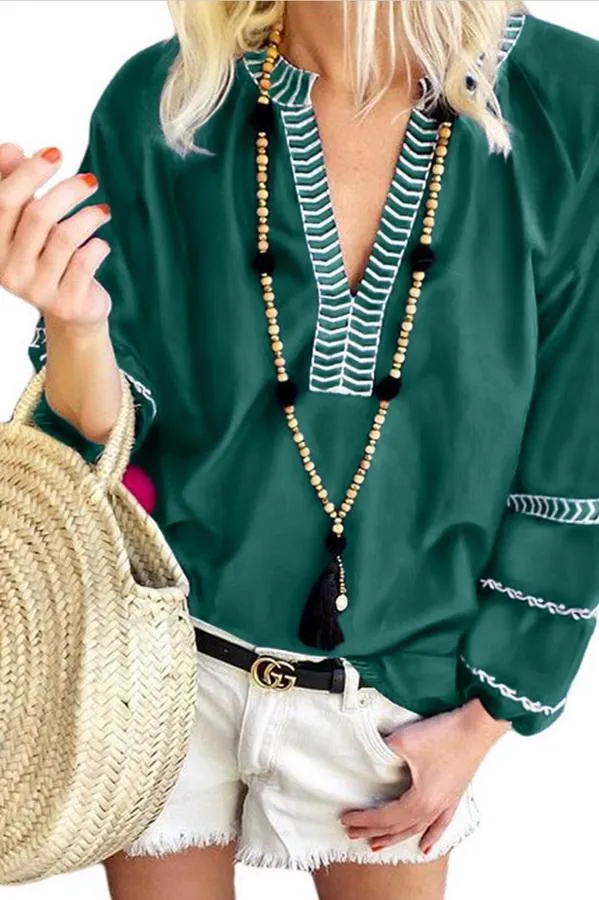 Creamtopmall Loose Pullover Embroidered V-neck Shirt