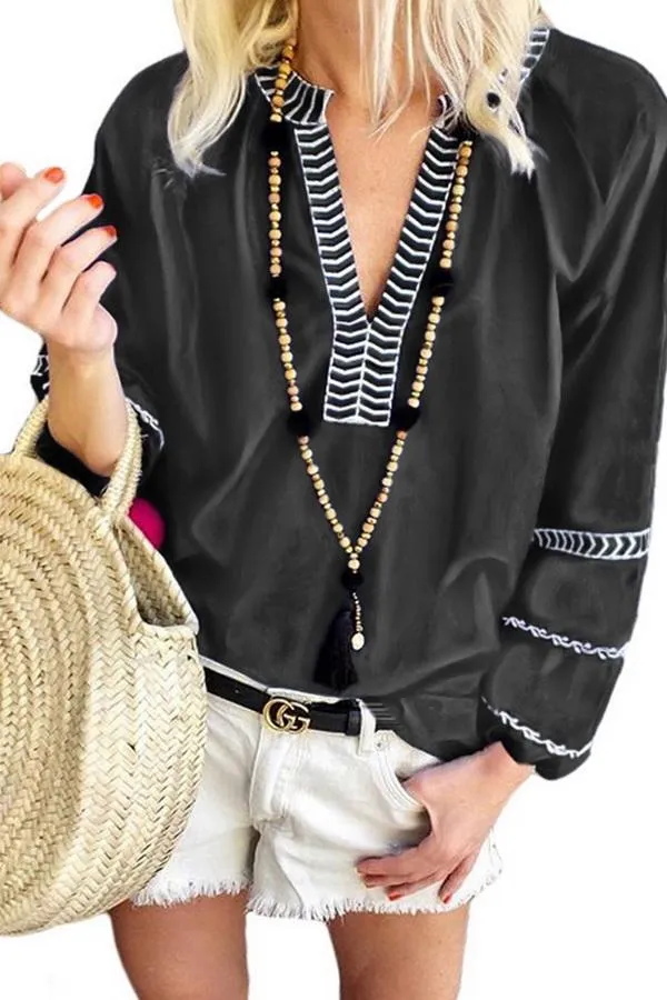 Creamtopmall Loose Pullover Embroidered V-neck Shirt