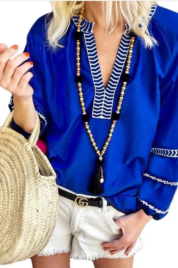 Creamtopmall Loose Pullover Embroidered V-neck Shirt
