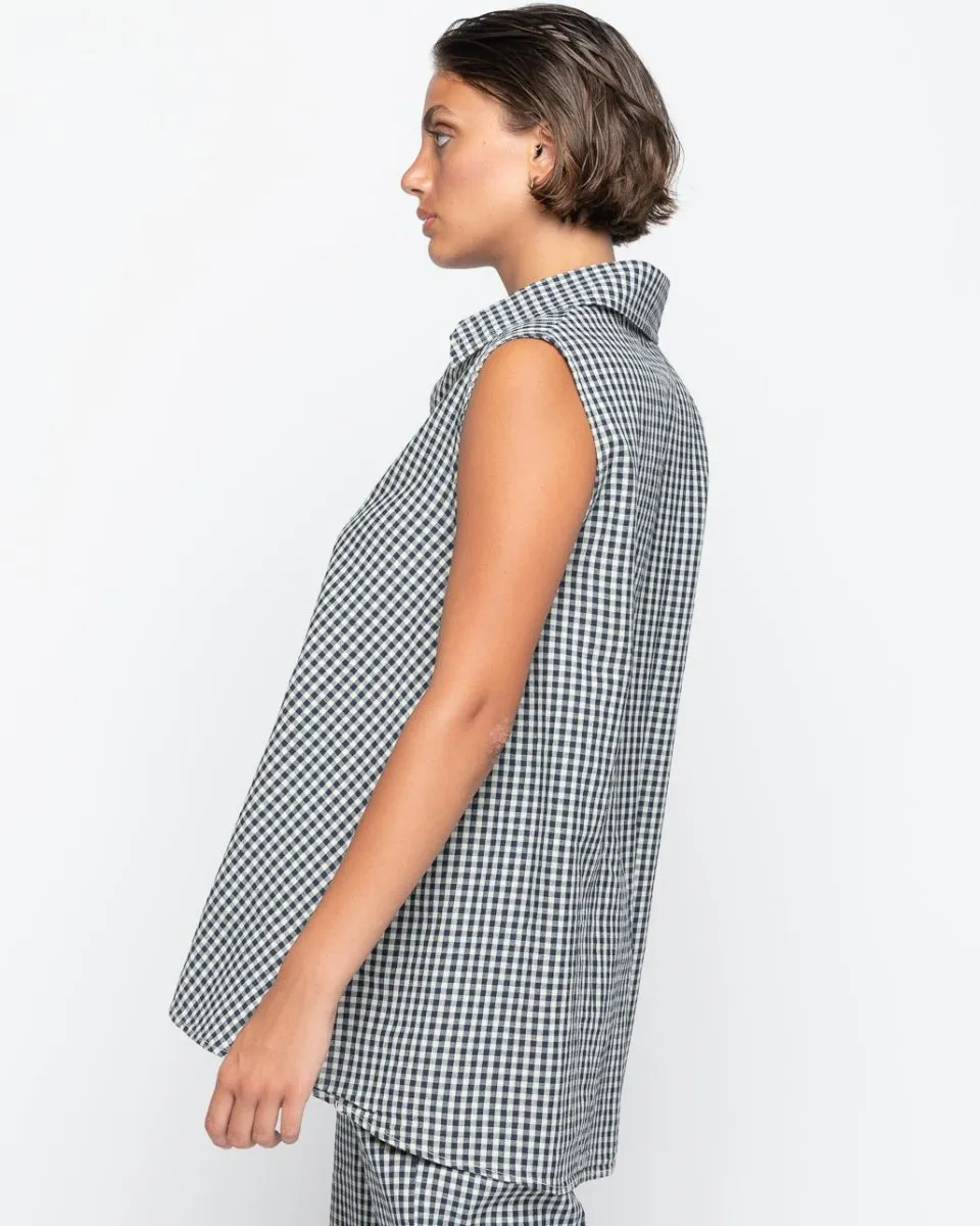 Crinkle Sleeveless Checker Button-Up Shirt