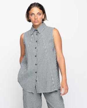 Crinkle Sleeveless Checker Button-Up Shirt