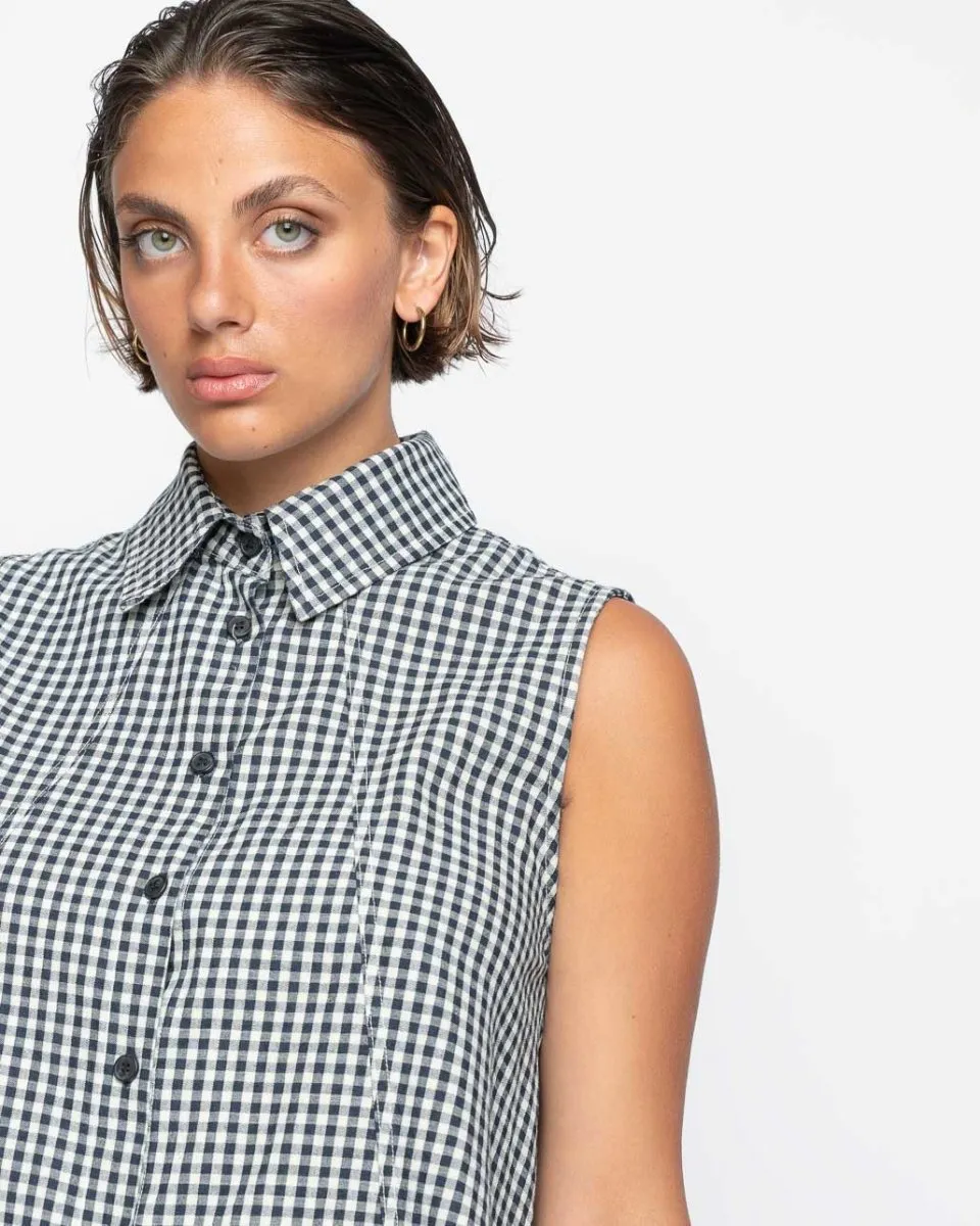 Crinkle Sleeveless Checker Button-Up Shirt