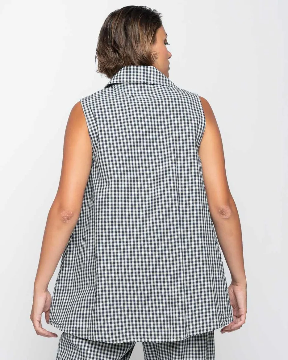 Crinkle Sleeveless Checker Button-Up Shirt