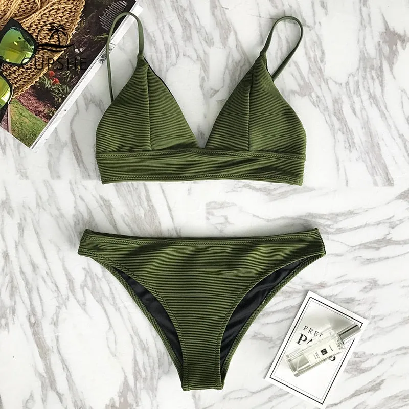 CUPSHE Army Green Solid Bikini Set Women Triangle Sexy Two Pieces Swimwear 2022 New Girl Plain Beach Bathing Suit Swimsuits