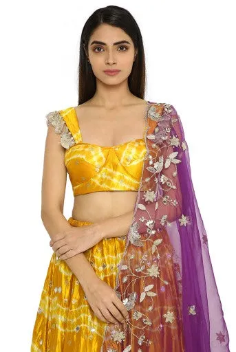 Daksha Mustard Colour Leheriya Silk Bustier With Embroidered Lehenga And Purple Organza Dupatta