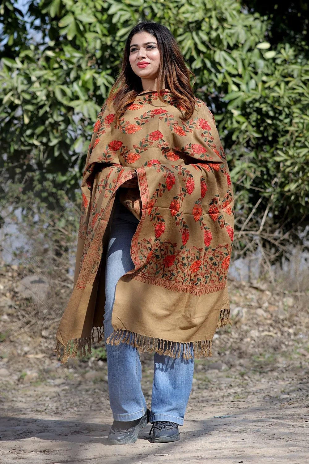 Dark Beige Color Aari Work Embroidered Shawl Enriched With Running Jaal Pattern