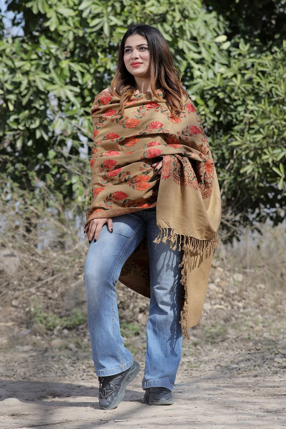 Dark Beige Color Aari Work Embroidered Shawl Enriched With Running Jaal Pattern