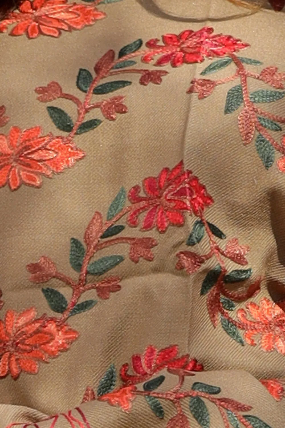Dark Beige Color Aari Work Embroidered Shawl Enriched With Running Jaal Pattern