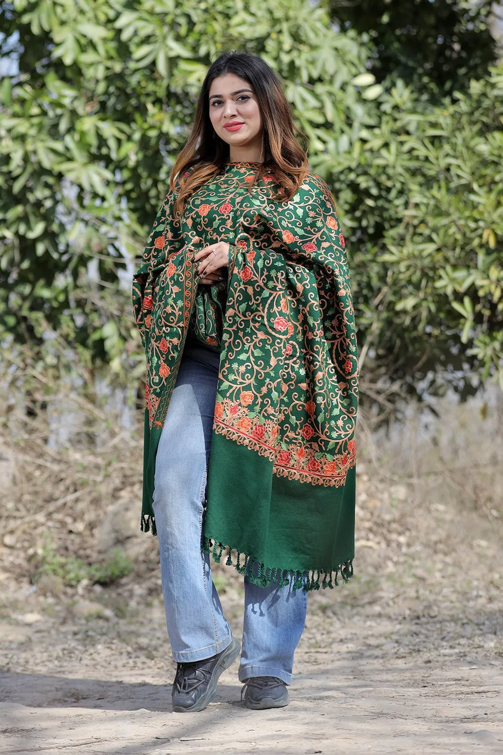 Dark Green Color Aari Work Embroidered Shawl Enriched With Running Jaal Pattern