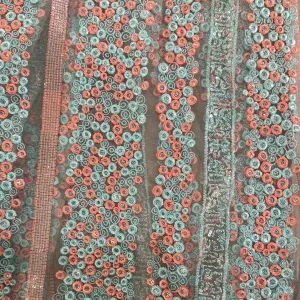 Delicate Floral Stripe Embroidered Net - Duck Egg/Coral