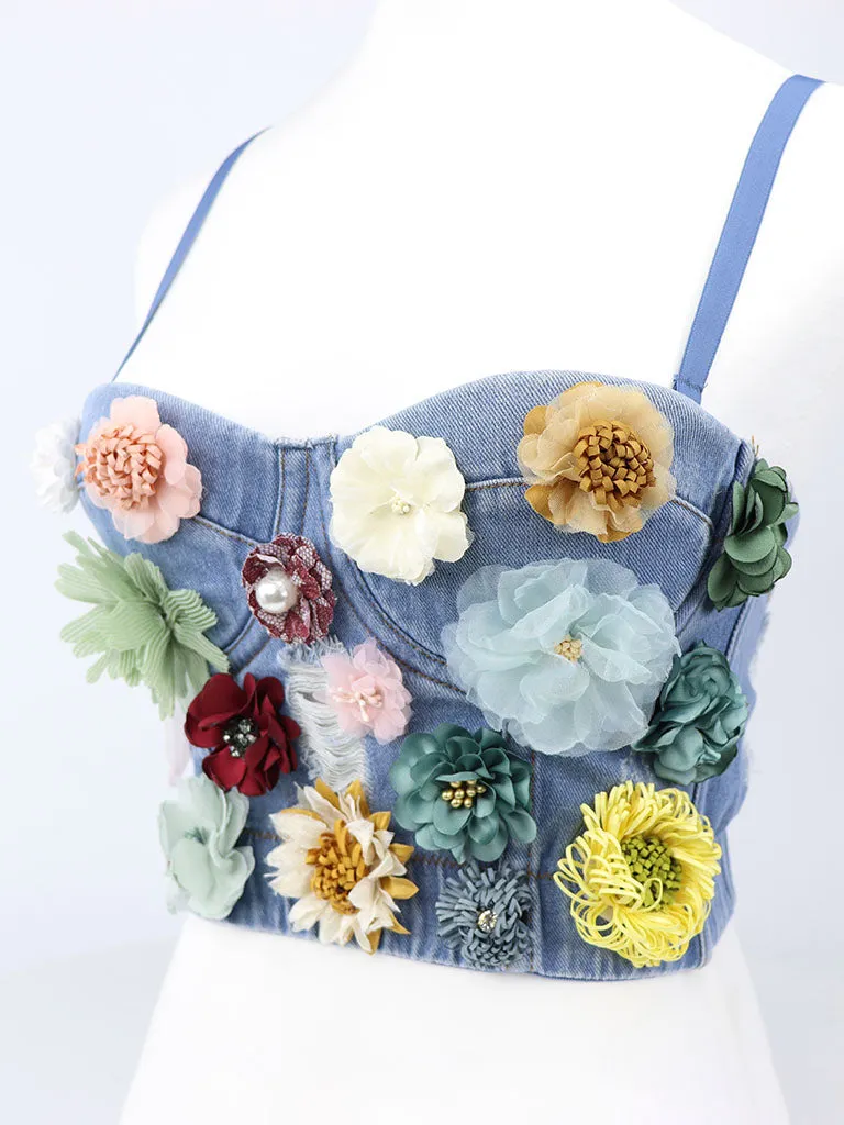 Denim Handmade Flowers Corset Camisole Top