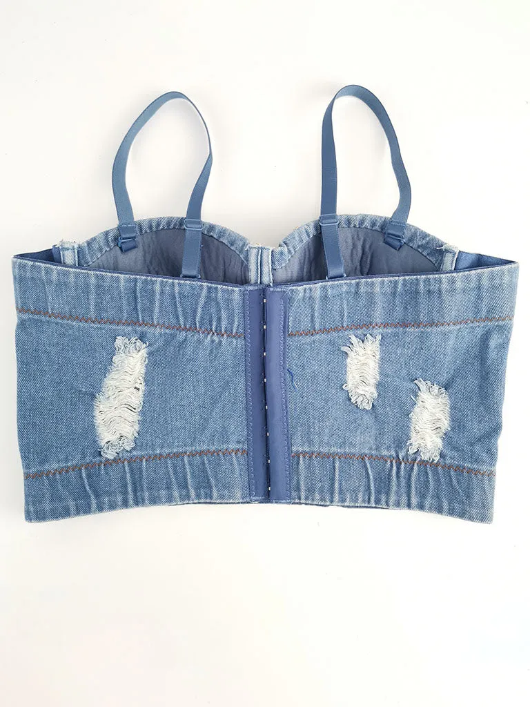 Denim Handmade Flowers Corset Camisole Top