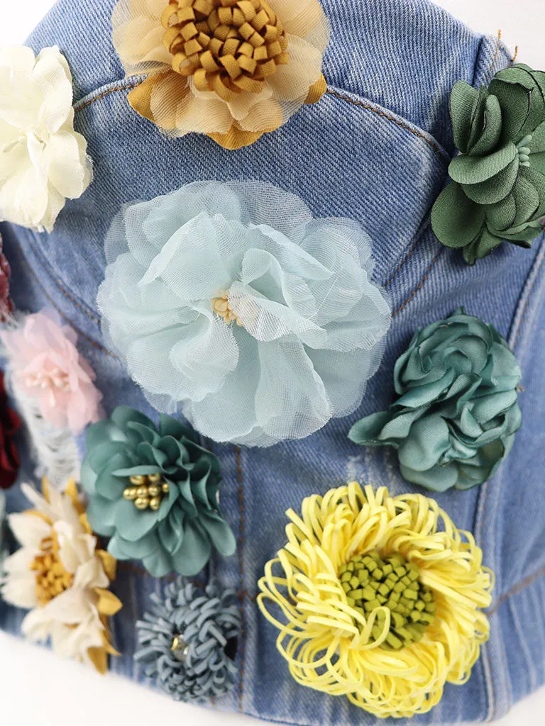 Denim Handmade Flowers Corset Camisole Top