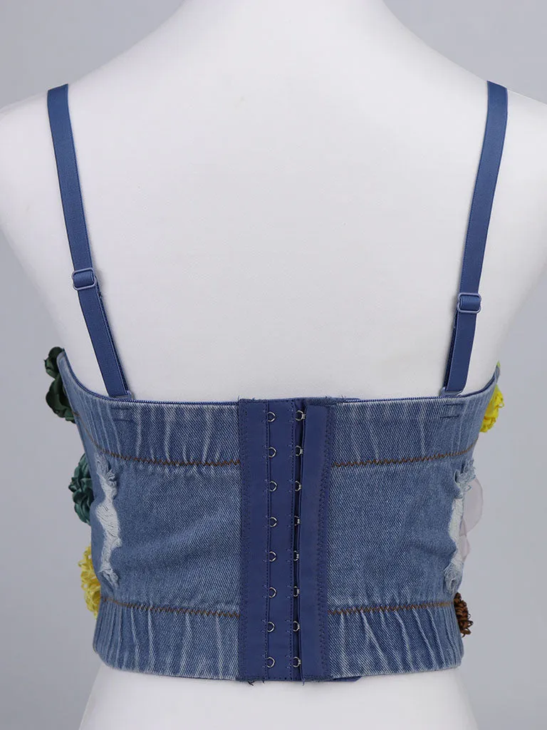 Denim Handmade Flowers Corset Camisole Top