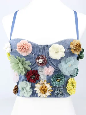 Denim Handmade Flowers Corset Camisole Top