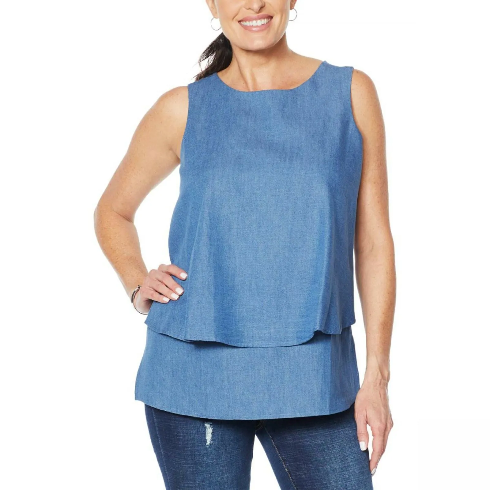 DG2 by Diane Gilman Women's Softcell Denim Easy Tank Top Midtone Blue Plus 2X