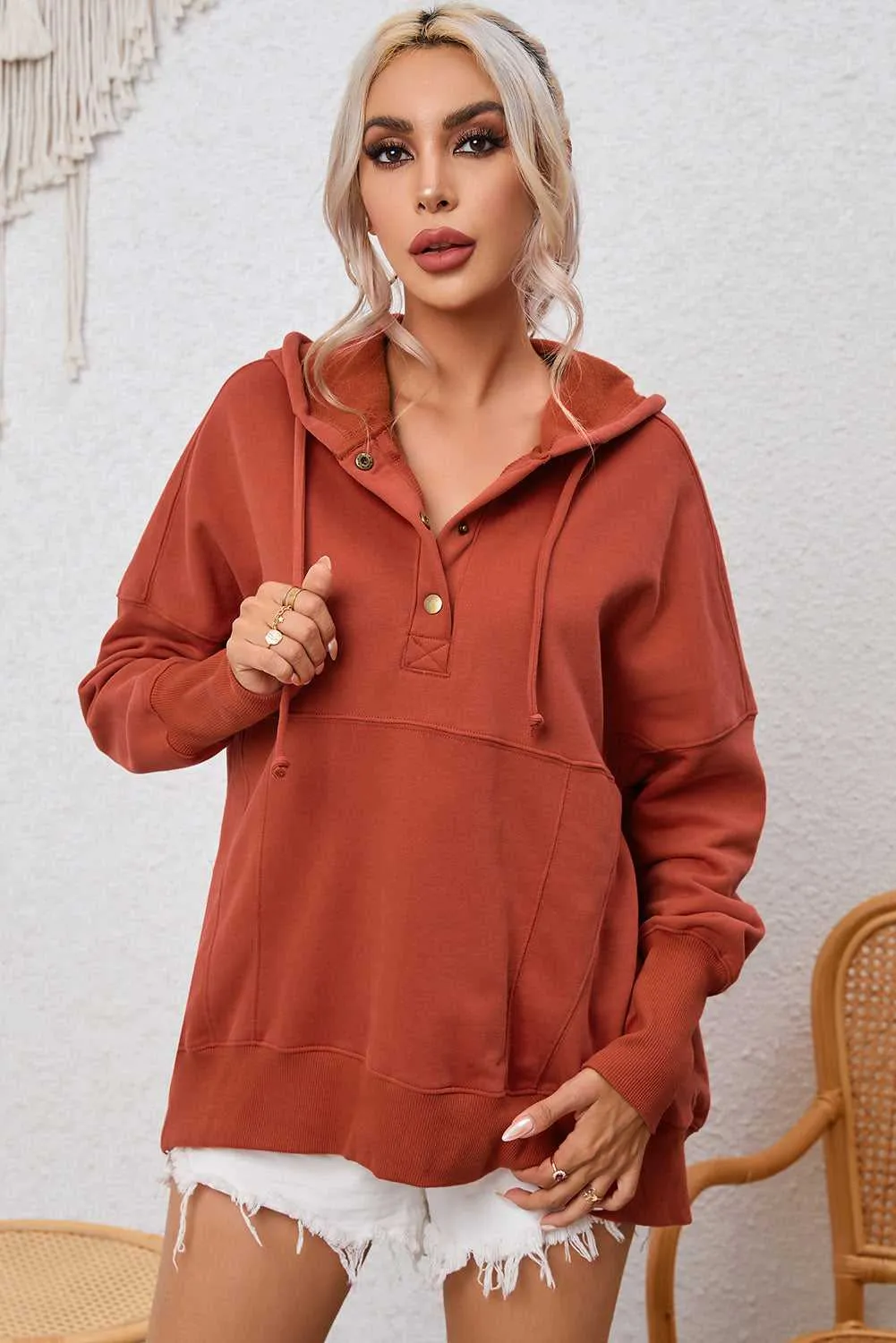 Dropped Shoulder Buttoned Hoodie