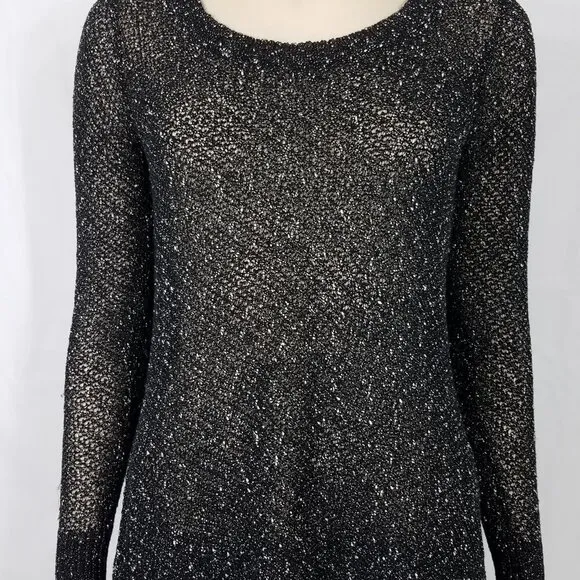 Eileen Fisher black speckle semi sheer thin pullover sweater blouse ladies Small