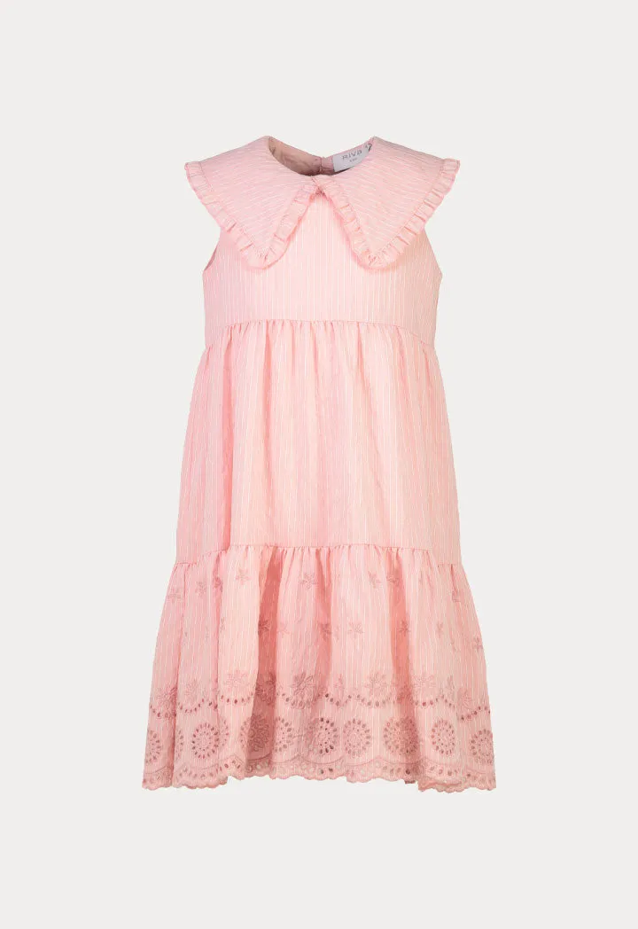 Embroider Stripe Ruffle Tiered Sleeveless Dress