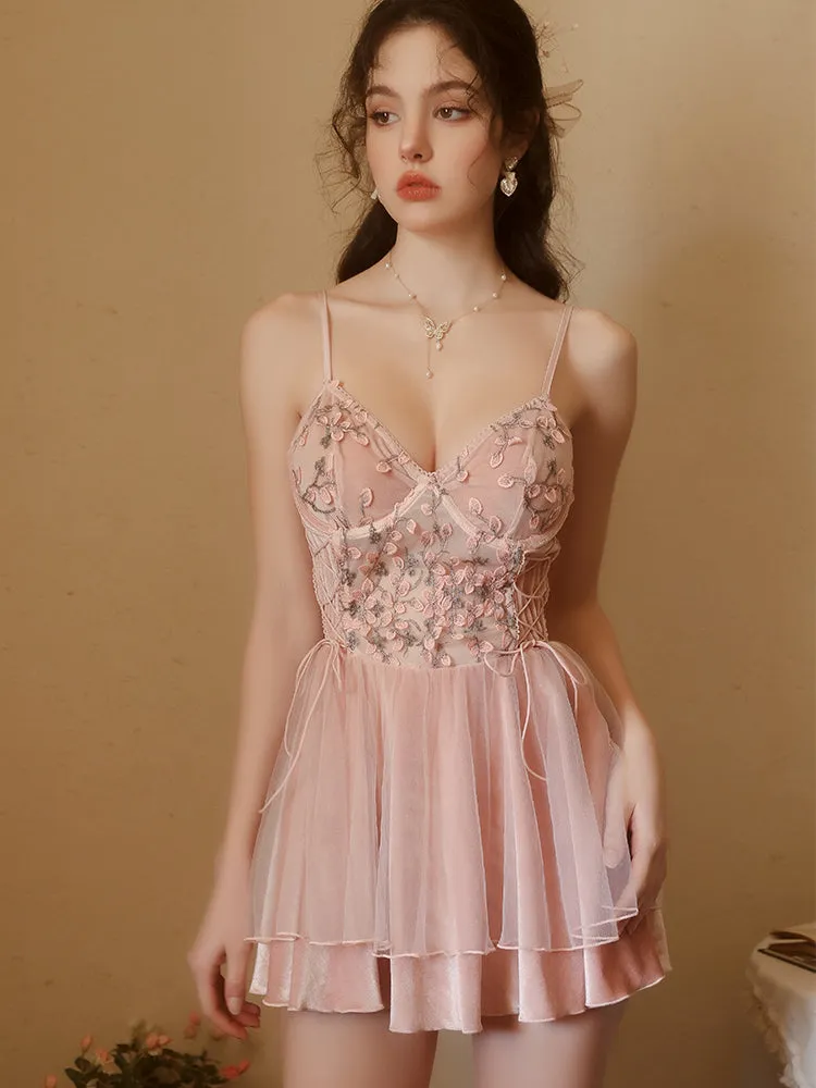 Embroidered Dress with Sheer Floral Details