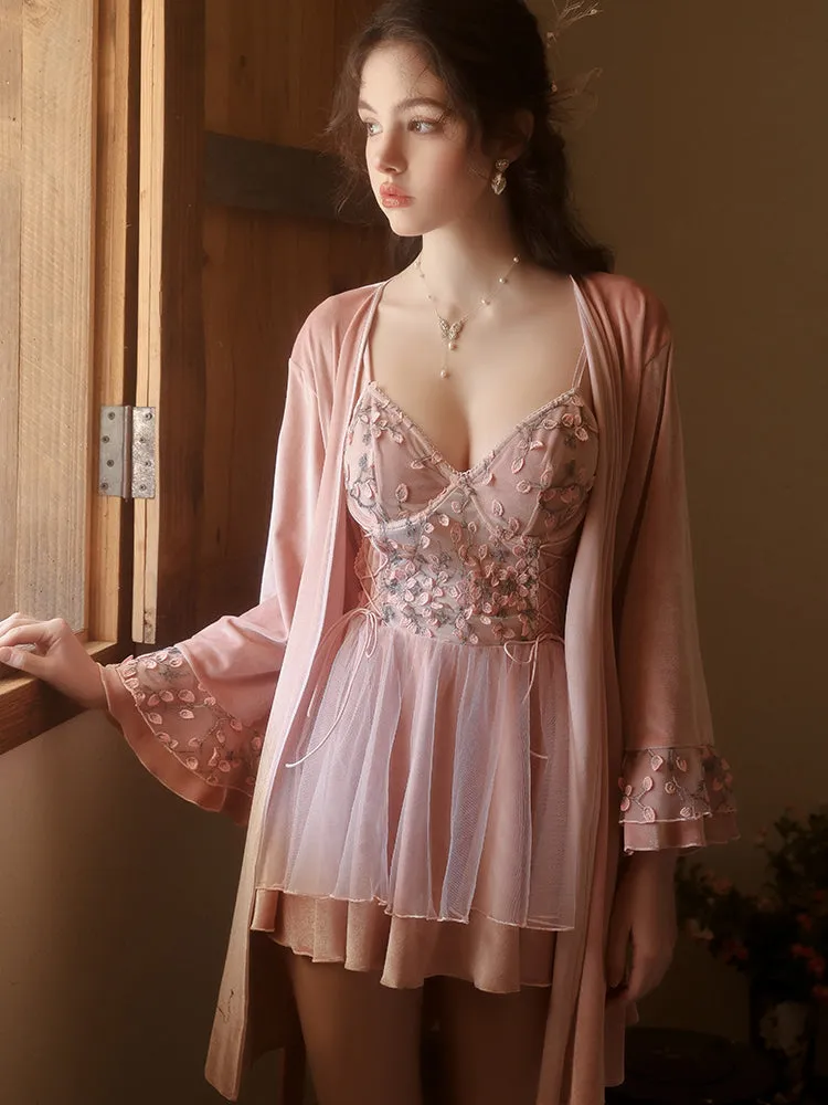 Embroidered Dress with Sheer Floral Details