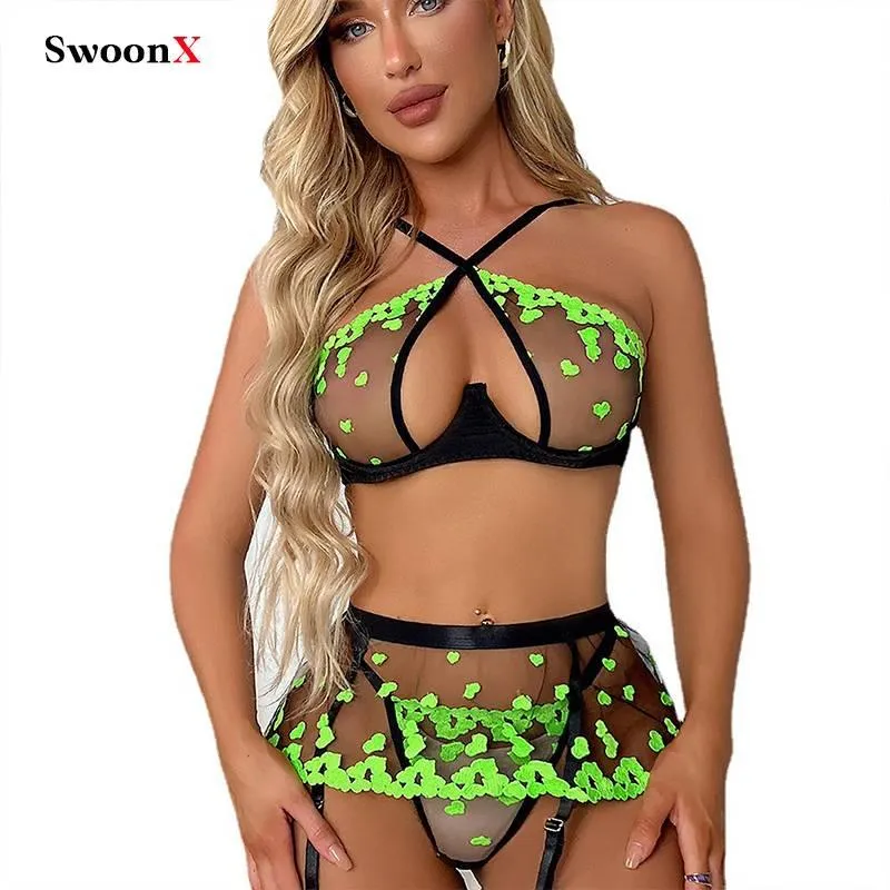 Embroidered Lace 3-Piece Lingerie Set - Seductive Nightwear