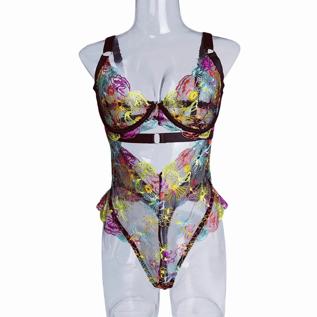 Embroidered Lace Lingerie Set: Floral Sexy French Lace Push-Up One-Piece
