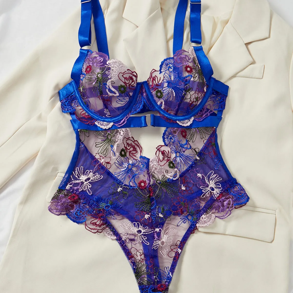 Embroidered Lace Lingerie Set: Floral Sexy French Lace Push-Up One-Piece