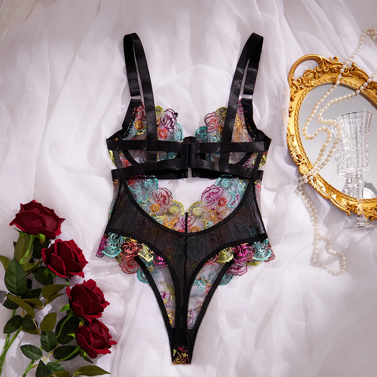 Embroidered Lace Lingerie Set: Floral Sexy French Lace Push-Up One-Piece