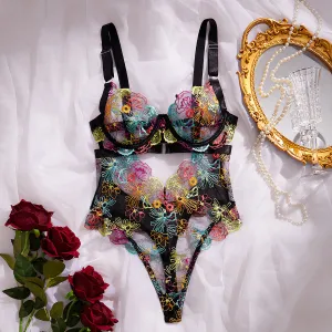 Embroidered Lace Lingerie Set: Floral Sexy French Lace Push-Up One-Piece