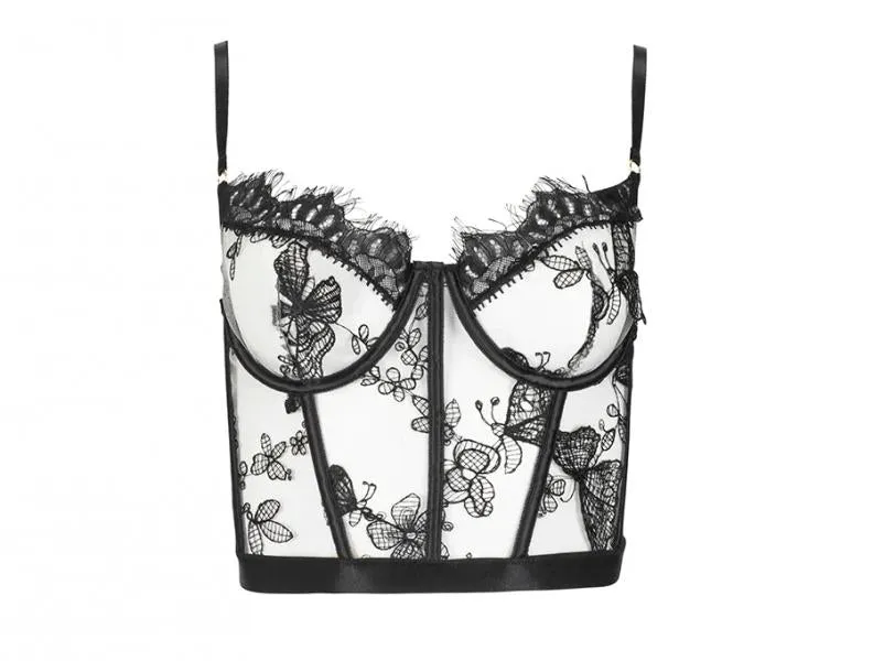 Embroidered Underwire Bustier - Black Butterflies -