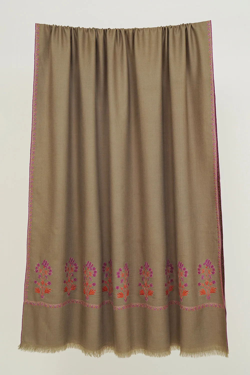 Eshaal Buta Palledar Hand Embroidered Pashmina Shawl Fawn
